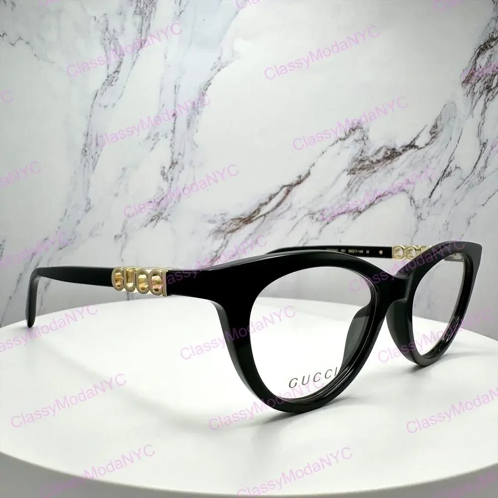 New GUCCI Eyeglasses Black 50mm Acetate Cat Eye Gold Cut Out Metal Logo Rx-able